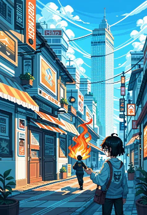 black hair girl, glasses, City on fire, pixel art