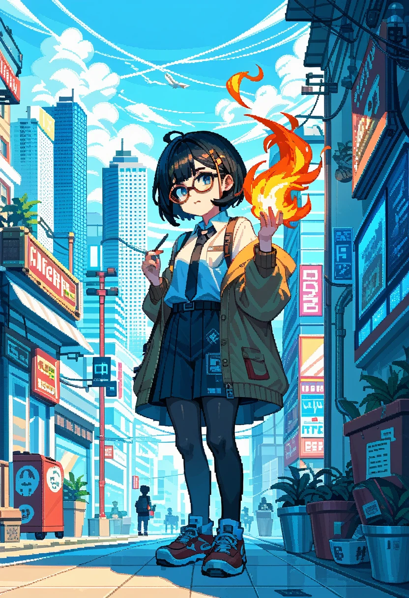 black hair girl, glasses, City on fire, pixel art