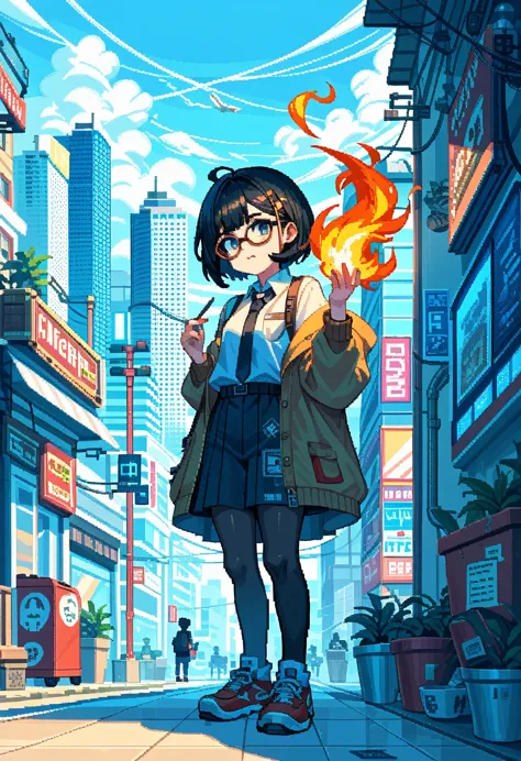 black hair girl, glasses, city on fire, pixel art