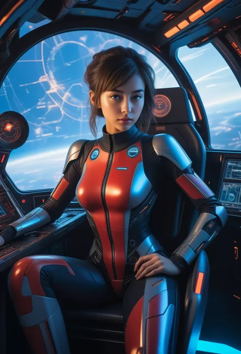 a beautiful 18-year-old girl, graceful expression, sitting in the cockpit of a spaceship, mechanical engineering background, hol...