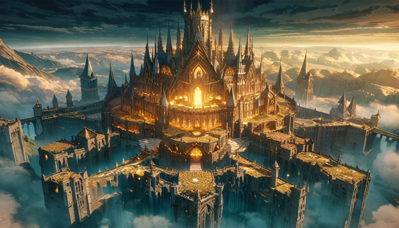  anime scenery, anime aestetics, gigantic castle, huge structure, medieval fantasy architecture, floating platforms, castle of final boss, shadow fortrest, very bright yellow bricks, epic structure, architectural masterpiece, elden ring fanart, elden ring architecture, dark fantasy, wide shot, from above, from outside, perspective, atmospheric perspective, highres, 8k, best quality, super detail, award winning, masterpiece