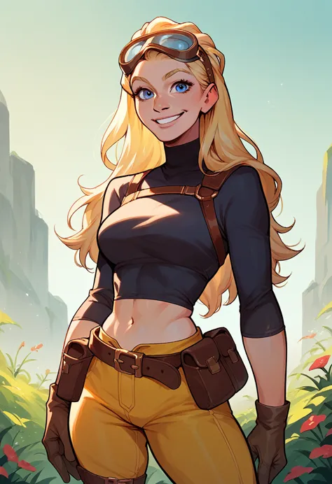 terra, 1girl, yellow shorts, solo, long hair, blonde hair, gloves, black turtleneck,blue eyes  midriff, belt, belt pouch ,goggle...