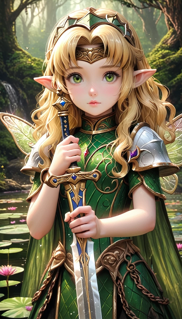 ((Highest quality)), ((masterpiece)), (detailed), 1. ，Young ，Fairy，Blonde, Wavy Hair，Shiny Hair，Forehead protector，Pointed Ears, Holding the Sword, Grab your sword, knight，Green clothes, Chain Mail, At the forest pond