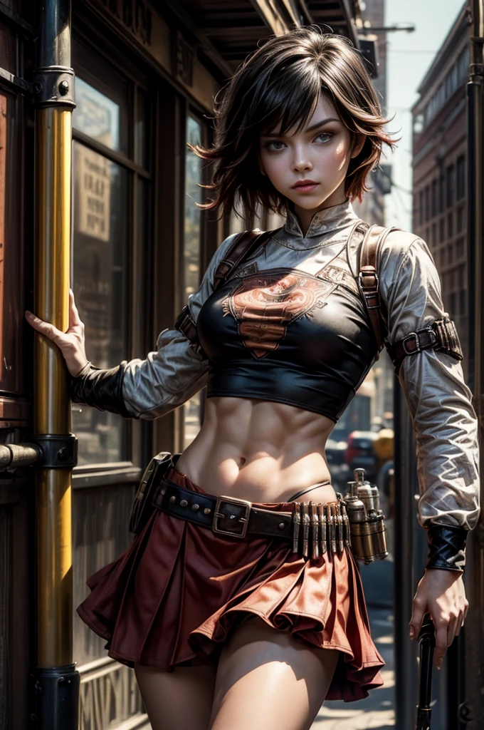 (masterpiece, best quality:1.2), cowboy shot, solo, dynamic pose, 1girl, ruby rose, looking at viewer, t-shirt, skirt, in steampunk city street