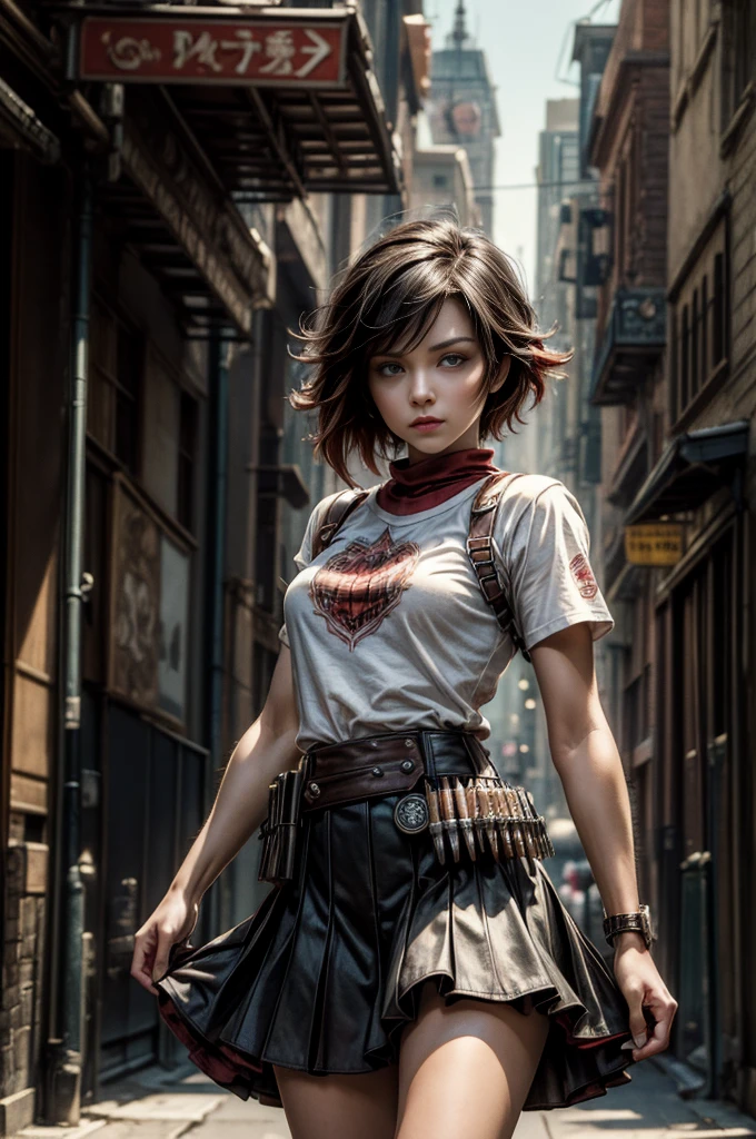 (masterpiece, best quality:1.2), cowboy shot, solo, dynamic pose, 1girl, ruby rose, looking at viewer, t-shirt, skirt, in steampunk city street