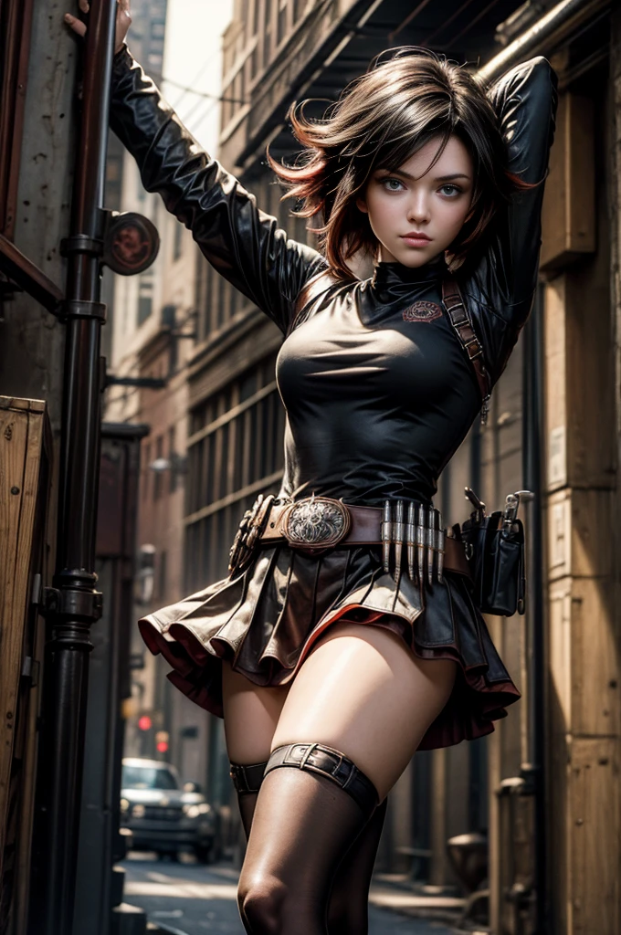 (masterpiece, best quality:1.2), cowboy shot, solo, dynamic pose, 1girl, ruby rose, looking at viewer, t-shirt, skirt, in steampunk city street