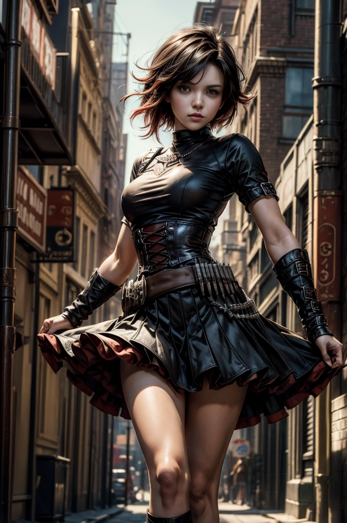 (masterpiece, best quality:1.2), cowboy shot, solo, dynamic pose, 1girl, ruby rose, looking at viewer, t-shirt, skirt, in steampunk city street