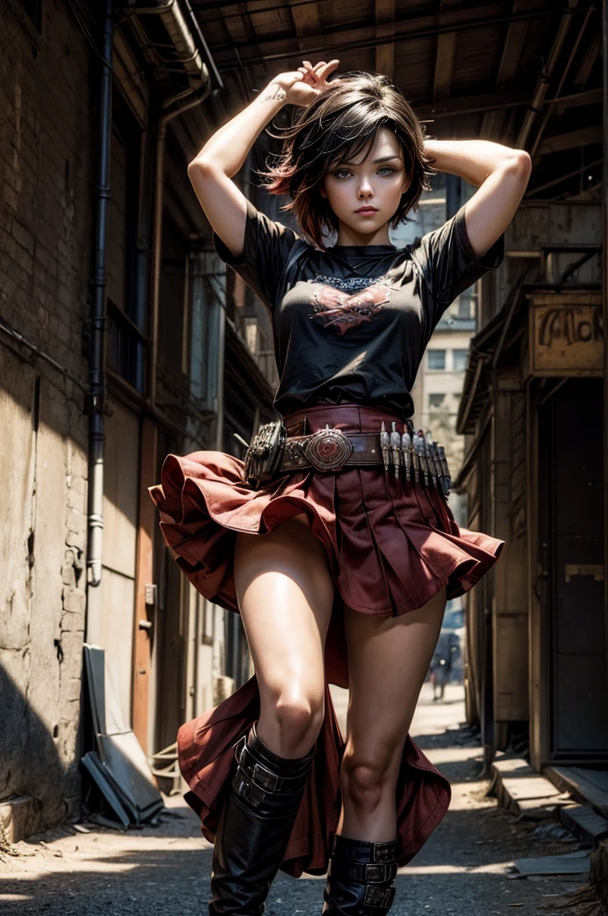 (masterpiece, best quality:1.2), cowboy shot, solo, dynamic pose, 1girl, ruby rose, looking at viewer, t-shirt, skirt, in steampunk city street