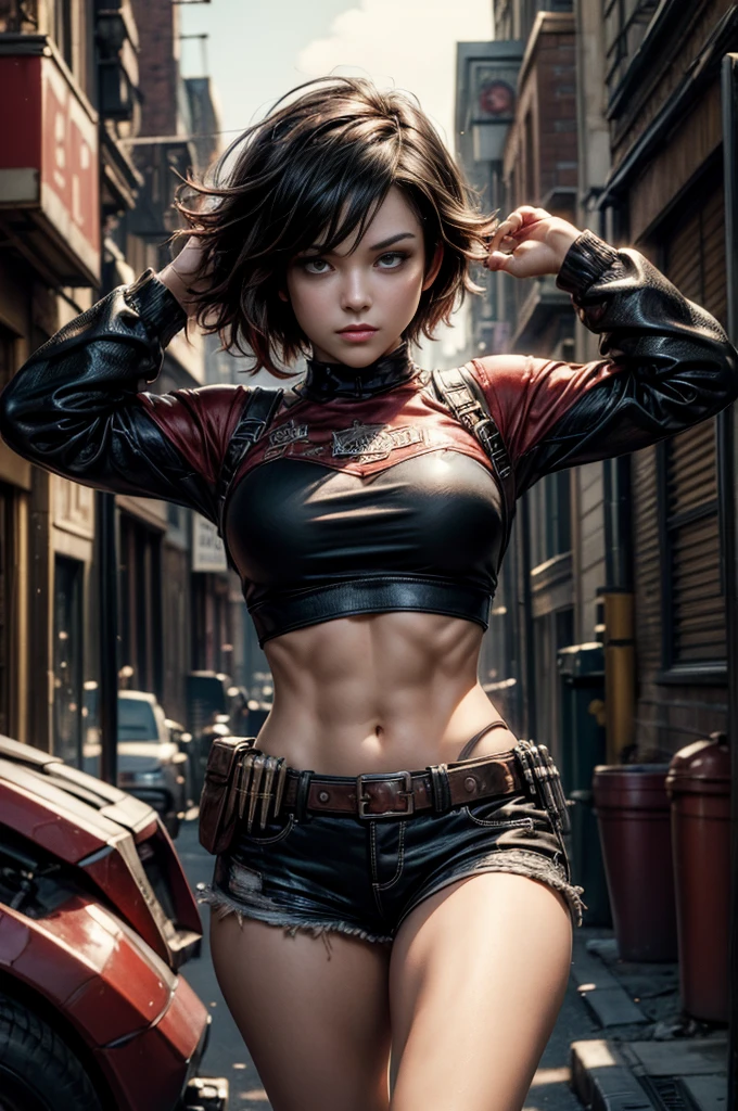 (masterpiece, best quality:1.2), cowboy shot, solo, dynamic pose, 1girl, ruby rose, looking at viewer, t-shirt, black shorts, in steampunk city street