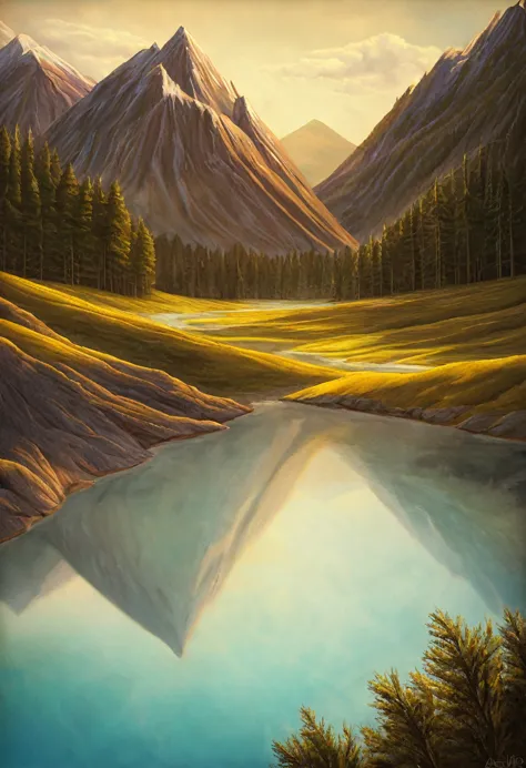 impressive painting of a mountain with trees and water, a detailed painting by petros afshar, shutterstock contest winner, envir...