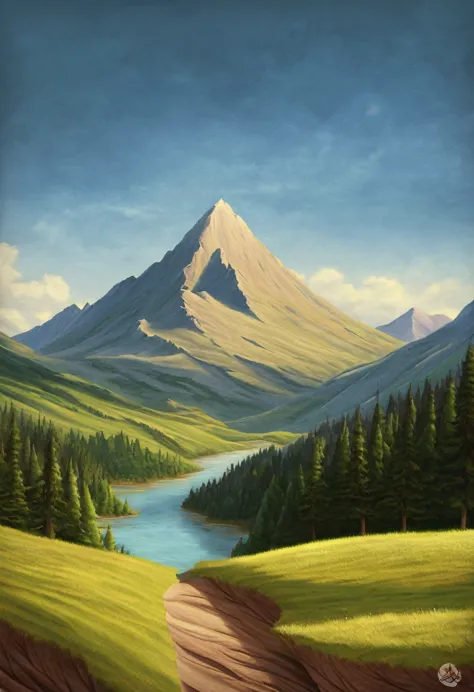 impressive painting of a mountain with trees and water, a detailed painting by petros afshar, shutterstock contest winner, envir...