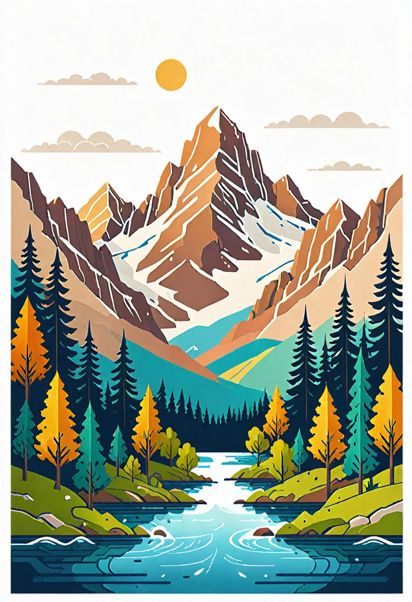 impressive painting of a mountain with trees and water, a detailed painting by Petros Afshar, shutterstock contest winner, environmental art, detailed painting, outlined art, 2d game art, isolated background for logo, strong contours, logo design
