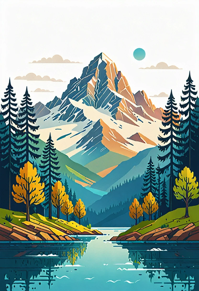 impressive painting of a mountain with trees and water, a detailed painting by Petros Afshar, shutterstock contest winner, environmental art, detailed painting, outlined art, 2d game art, isolated background for logo, strong contours, logo design
