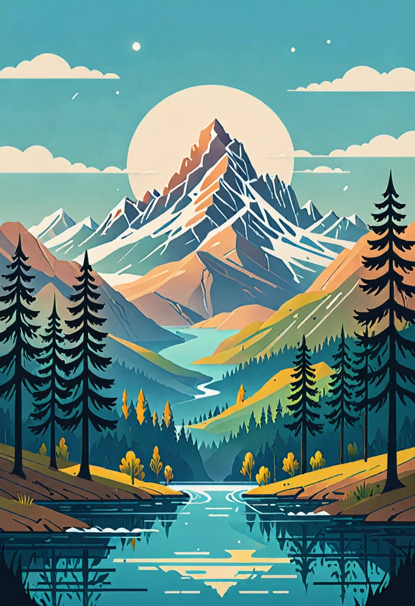 impressive painting of a mountain with trees and water, a detailed painting by Petros Afshar, shutterstock contest winner, environmental art, detailed painting, outlined art, 2d game art, isolated background for logo, strong contours, logo design
