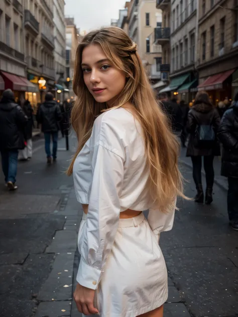 une belle femme with shoulder-length blonde hair that cascades in soft waves, creating a natural, effortless look. her hair catc...