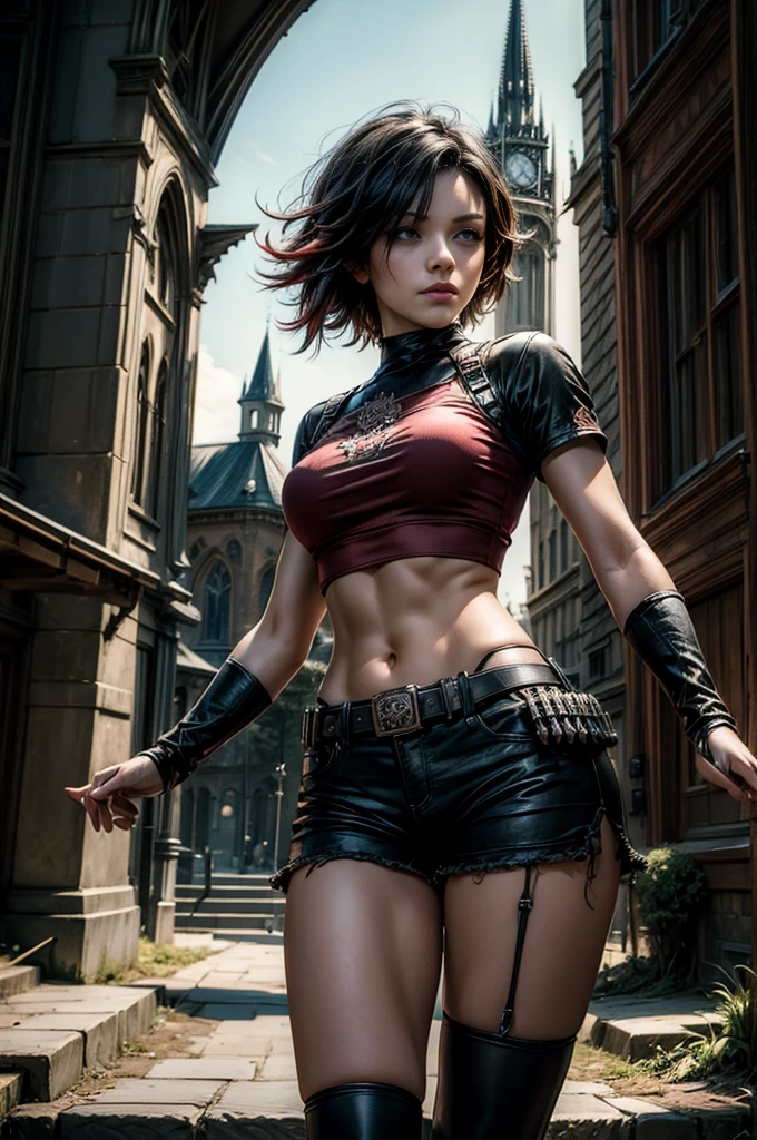 (masterpiece, best quality:1.2), cowboy shot, solo, dynamic pose, 1girl, ruby rose, looking at viewer, t-shirt, black shorts, standing in front of old gothic church, in steampunk city street