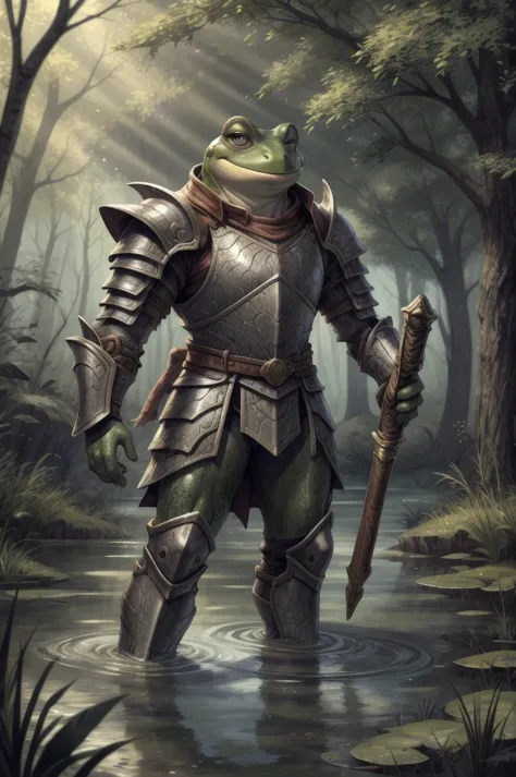 giant man with a frog face、great armor、magical hammer、swamp