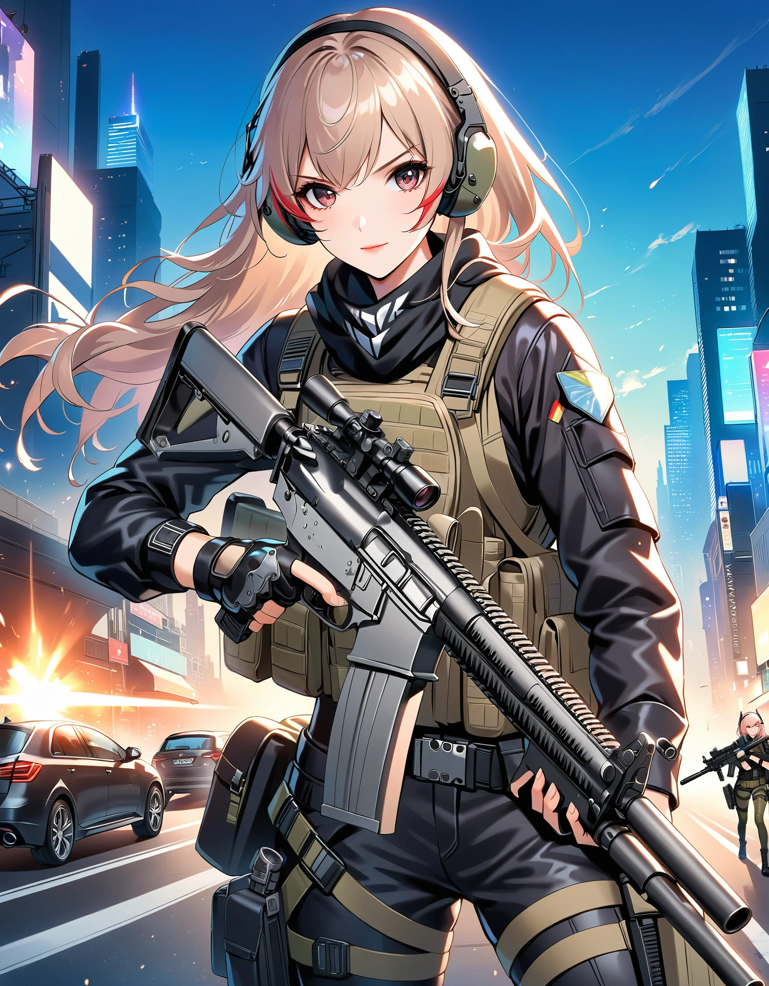 anime girl with gun in hand and city in background, m4 sopmod ii girls frontline, with rifle, anime machine gun fire, from girls frontline, marin kitagawa fanart, badass anime 8 k, heavily armed, holding a rifle, girls frontline style, holding rifle, wallpaper!, fine details. girls frontline, 4 k manga wallpaper, girls frontline cg