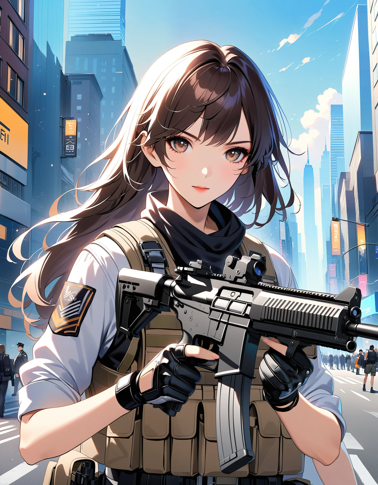 anime girl with gun in hand and city in background, brown hair, hazel eyes, new york, with rifle, assault vest, solo, solo focus, daytime, badass anime 8 k, heavily armed, holding a rifle, girls frontline style, holding rifle, fine details. girls frontline, 4 k manga wallpaper