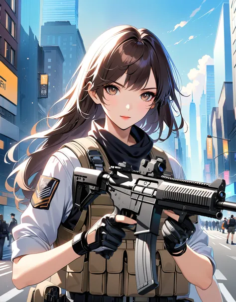 anime girl with gun in hand and city in background, brown hair, hazel eyes, new york, with rifle, assault vest, solo, solo focus...