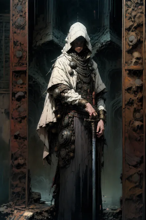 a highly detailed, cinematic illustration of an assassin from the assassin's creed universe, wearing a striking white hooded clo...