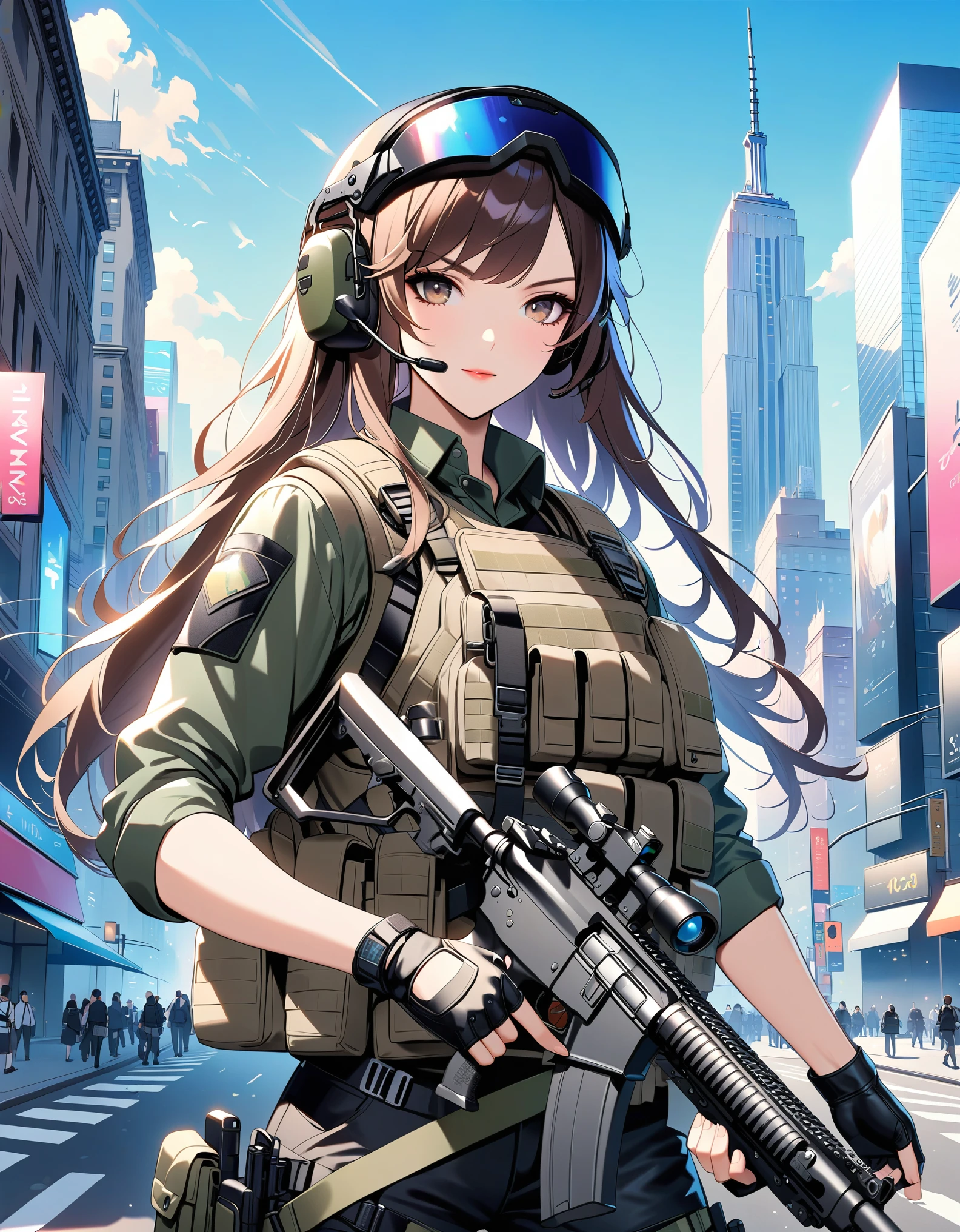 anime girl with gun in hand and city in background, brown hair, long hair, swept bangs, hazel eyes, new york, finger proportions coordination, with rifle, green collared shirt, assault vest, black pants, black tactical boots, black tactical fingerless gloves, tactical headset, solo, solo focus, daytime, badass anime 8 k, heavily armed, holding a rifle, girls frontline style, holding rifle, fine details. 4 k manga wallpaper