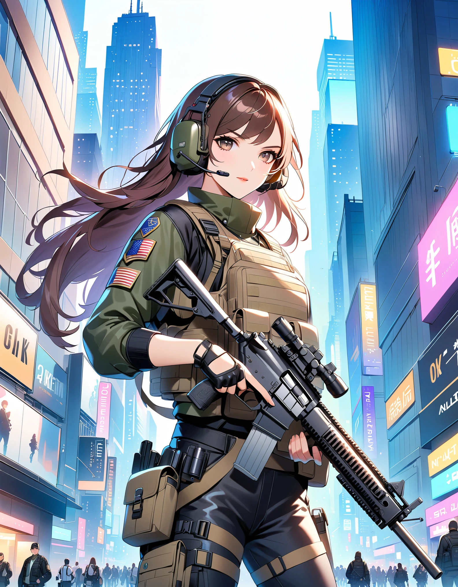 anime girl with gun in hand and city in background, brown hair, long hair, swept bangs, hazel eyes, new york, finger proportions coordination, with rifle, green collared shirt, assault vest, black pants, black tactical boots, black tactical fingerless gloves, tactical headset, solo, solo focus, daytime, badass anime 8 k, heavily armed, holding a rifle, girls frontline style, holding rifle, fine details. 4 k manga wallpaper