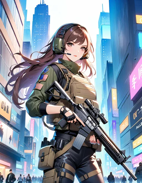 anime girl with gun in hand and city in background, brown hair, long hair, swept bangs, hazel eyes, new york, finger proportions...