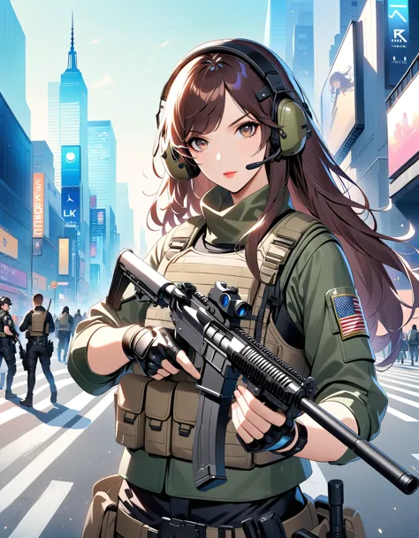 anime girl with gun in hand and city in background, brown hair, long hair, swept bangs, hazel eyes, new york, finger proportions...