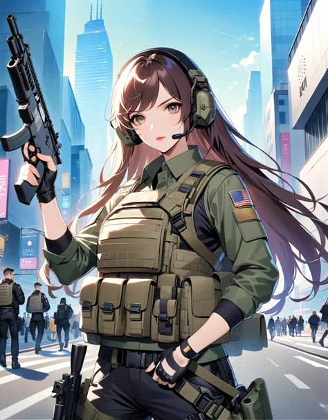 anime girl with gun in hand and city in background, brown hair, long hair, swept bangs, hazel eyes, new york, finger proportions...