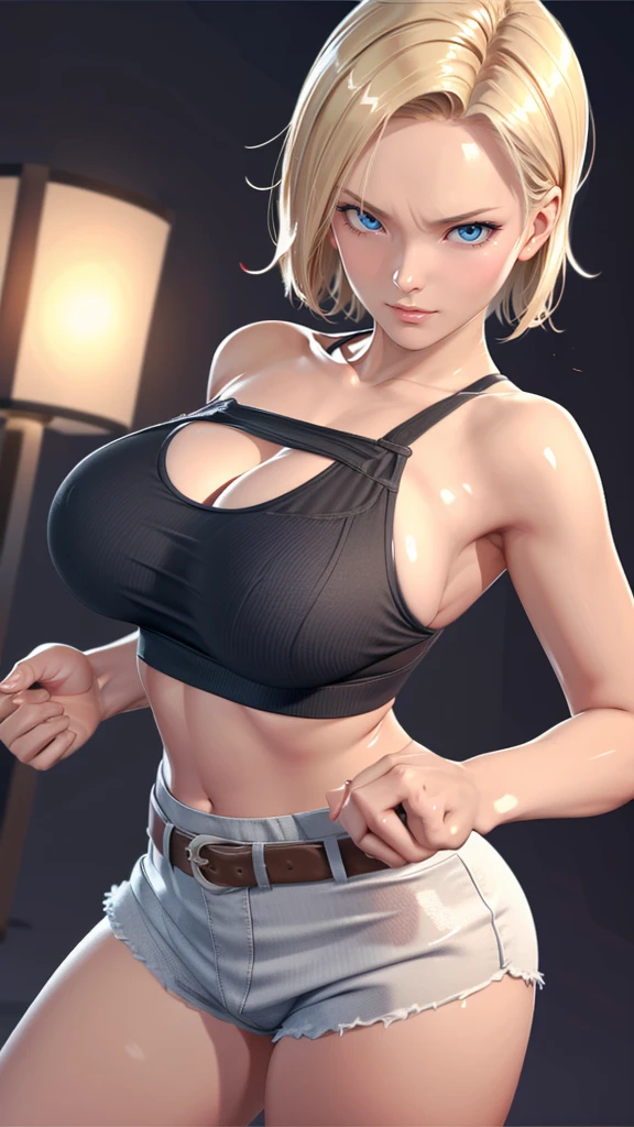 （（（完美figure，figure，Single， （（（sauce，Captureie，Capture, Shorts, Navel,Capture down,））），（（（And 18, Android 18, Blonde hair, Blue eyes, short hair, ））），((Masterpiece)),High accuracy, ((Best Quality at best))，Masterpiece，Quality，Best Quality，（（（ Gorgeous facial features，Looking at the audience,There is light in the eyes，(（（angry，serious））)，））），型figure:1.7））），（（（Light and shadow，Huge breasts））），（（（Looking at the camera，black background，）））