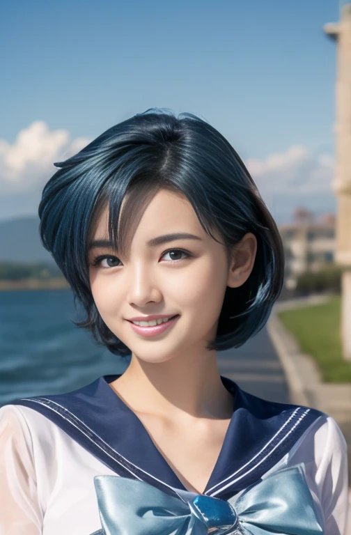 ((Highest quality)), ((masterpiece)), (detailed),　Sailor Mercury、Blue Hair、smile、Hair blowing in the wind、Sailor Warrior Uniforms、Costumes、