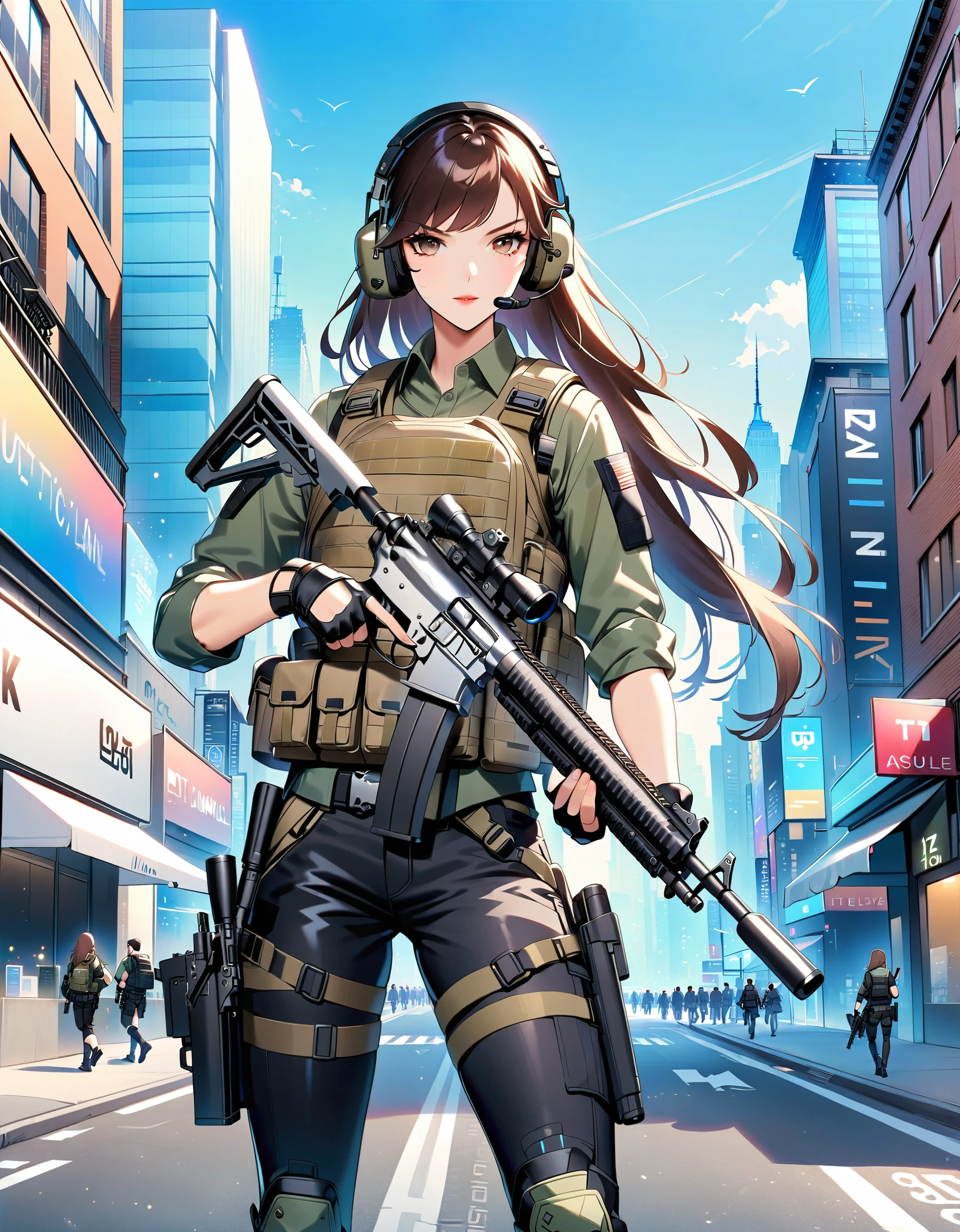 anime girl with gun in hand and city in background, brown hair, long hair, swept bangs, hazel eyes, new york, finger proportions coordination, with rifle, green collared shirt, assault vest, black pants, black tactical boots, black tactical fingerless gloves, tactical headset, solo, solo focus, daytime, badass anime 8 k, heavily armed, holding a rifle, girls frontline style, holding rifle, fine details. 4 k manga wallpaper