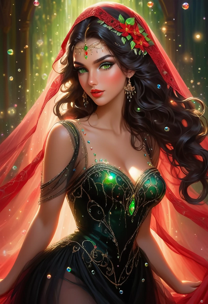 Beautiful girl, brunette, an oil painting, (((body from the knee up))), warm, slightly tanned skin, expressive face, crystal clear green eyes, detailed silliums and eyebrows, full red mouth, long curly black hair, dressed with the (((detailed and intricate black veil and dress in thin black tulle draped over the shoulders))), small bubbles of delicate iridescent and colorful crystals glued to the tulle and dress. Background splash of detailed studio lights, red flowers, (((incidental white light in the hair))), (((dynamic pose in studio))), image dazzles you with beauty, in the highest quality, mesmerize, 8k, UHD.