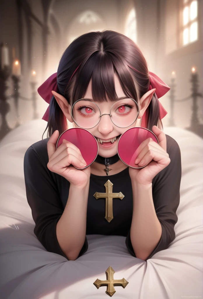 a detailed anime girl with round eyewear, fangs, humanoid pointy ears, red eyes, pink eyes, black hair in short twintails, hair bow, smiling with open mouth, black shirt, choker, cross, hair across eyes, in a dark dungeon setting, full body closeup looking at viewer, (best quality,4k,8k,highres,masterpiece:1.2),ultra-detailed,(realistic,photorealistic,photo-realistic:1.37),intricate details, cinematic lighting, dramatic shadows, vibrant colors, fantasy art