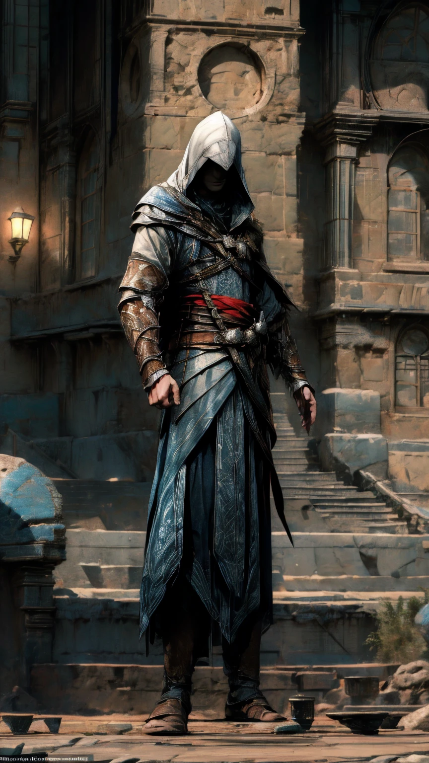 A highly detailed, cinematic illustration of an assassin from the Assassin's Creed universe:1.4, wearing a striking white hooded cloak and hidden blade, set against a moody, atmospheric background, dramatic lighting, intricate ornate architecture, photorealistic, digital art, concept art style