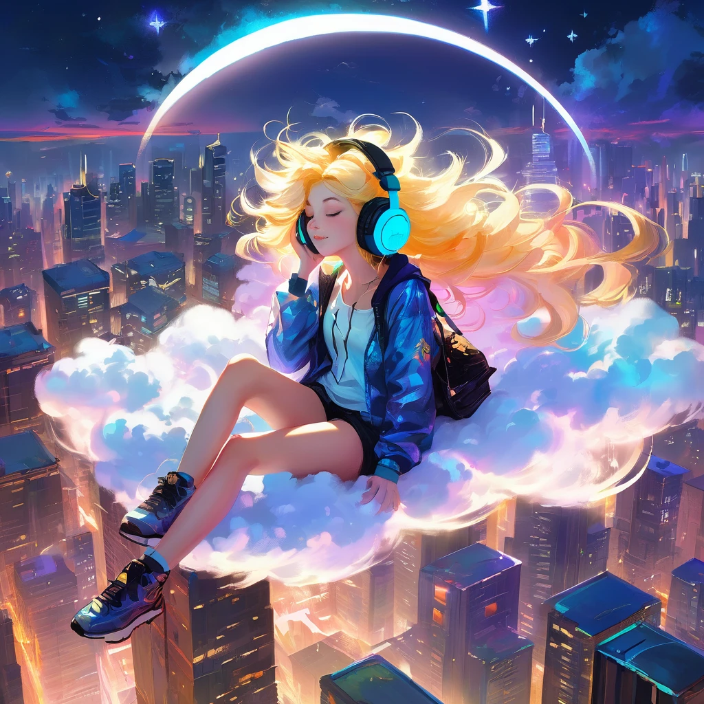 a beautiful 20 year old blonde woman with big messy hair laying down on a cloud in the sky floating over a cityscape at night, wearing headphones, looking down at the city, twinkling stars and glowing moon, fantasy art style, full body, rossdraws cartoon vibrant, cyberpunk, cute detailed digital art, colorfull digital fantasy art, digital fantasy art ), glossy digital painting, rossdraws pastel vibrant, rossdraws 2. 5, rossdraws 1. 0