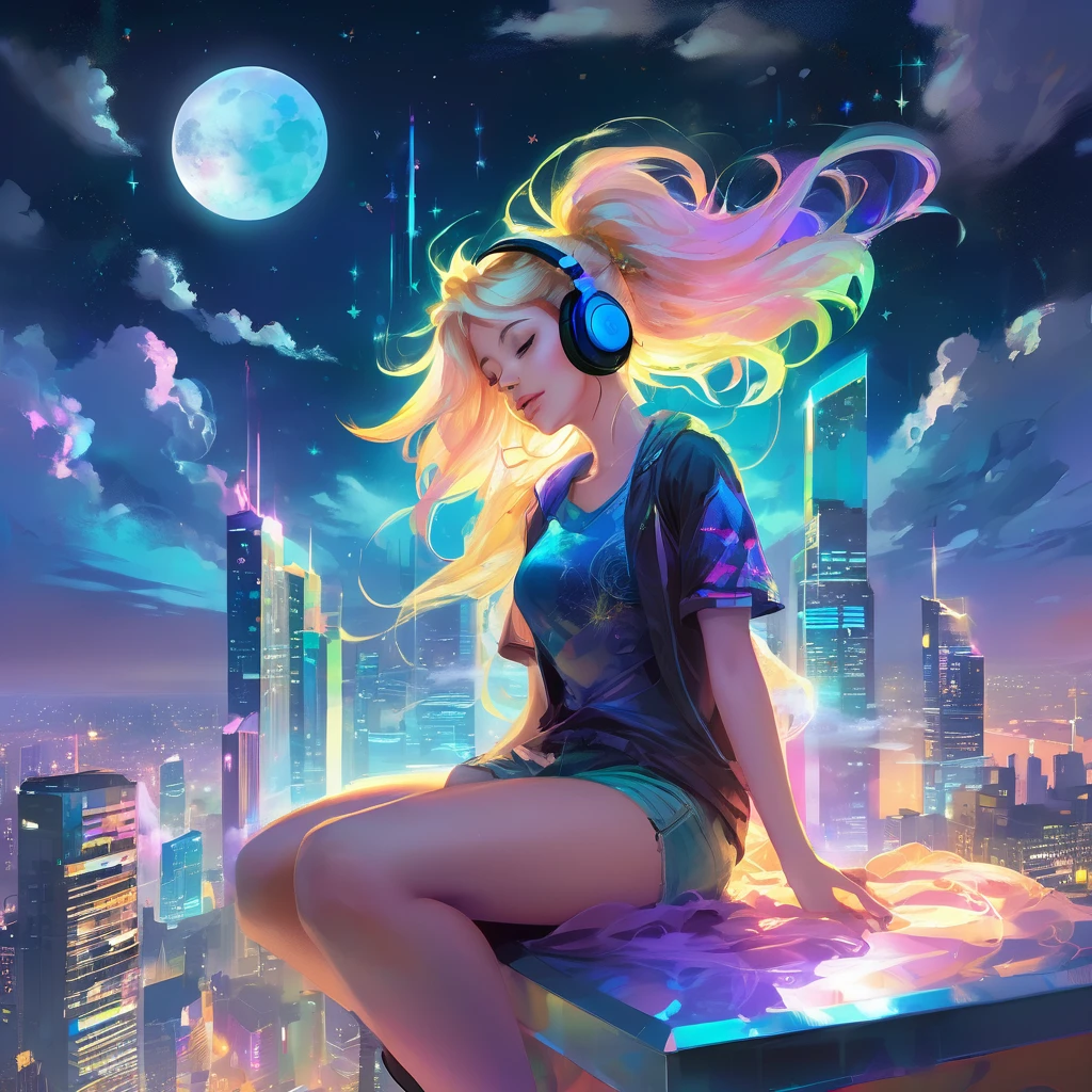 a beautiful 20 year old blonde woman with big messy hair laying down on a cloud in the sky floating over a cityscape at night, wearing headphones, looking down at the city, twinkling stars and glowing moon, fantasy art style, full body, rossdraws cartoon vibrant, cyberpunk, cute detailed digital art, colorfull digital fantasy art, digital fantasy art ), glossy digital painting, rossdraws pastel vibrant, rossdraws 2. 5, rossdraws 1. 0