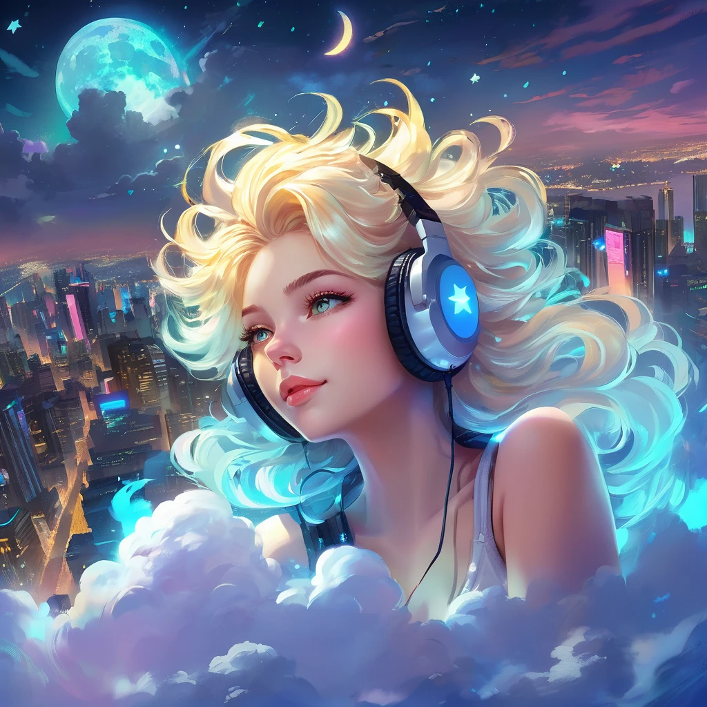 a beautiful 20 year old blonde woman with big messy hair laying down on a cloud in the sky floating over a cityscape at night, wearing headphones, looking down at the city, twinkling stars and glowing moon, fantasy art style, full body, rossdraws cartoon vibrant, cyberpunk, cute detailed digital art, colorfull digital fantasy art, digital fantasy art ), glossy digital painting, rossdraws pastel vibrant, rossdraws 2. 5, rossdraws 1. 0