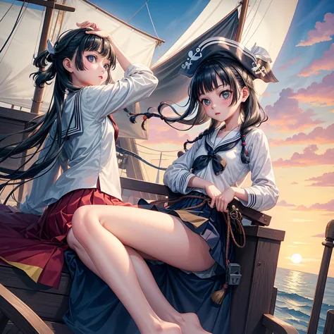 one girl（８year）, pirate, highest quality、cinema lighting、sailor suit、long skirt、 yacht（galleon）on the mast、white panties,