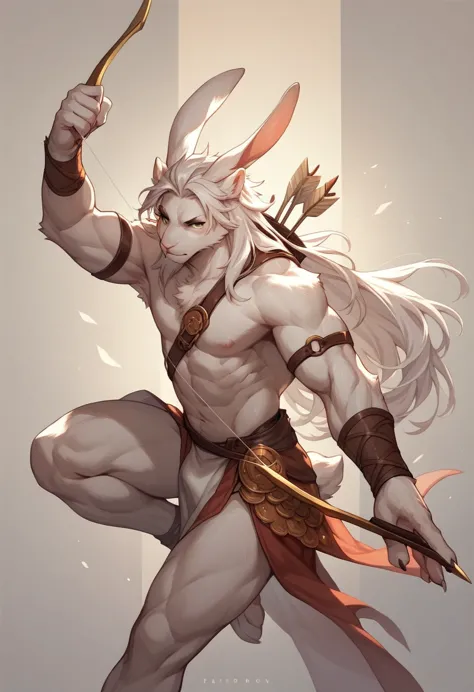 male bunny, mythology artwork, god, white fur, long hair, whole body, pose, bow and arrow