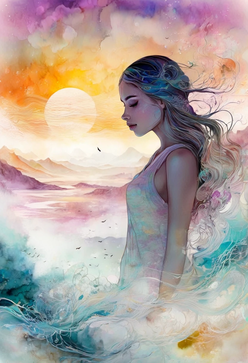 An intricately detailed digital painting featuring a girl. The composition exudes a serene and ethereal atmosphere, drawing the viewer into a surreal landscape with the woman's contemplative expression. The use of alcohol ink adds a semi-transparent dreamlike quality, enhancing the overall beauty and mystique of the artwork.