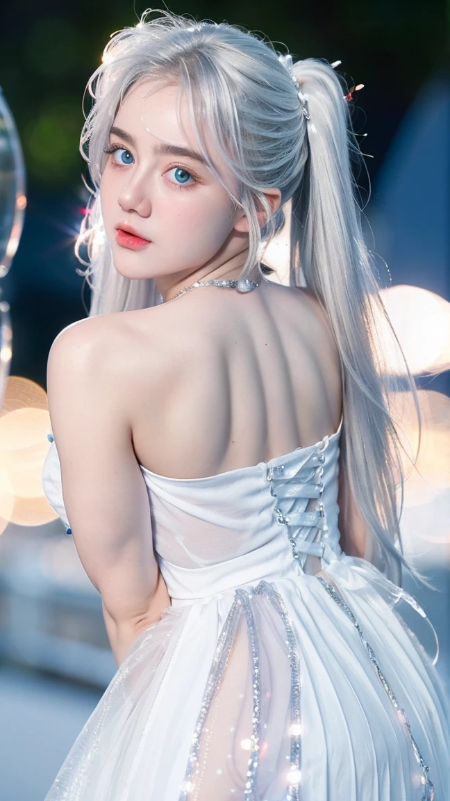 Georgeous, Beautiful, Cute, Baby Face, 18 Years Old, White Skin, Cleavage, ((Large Colossal Breast:1.3)), Sleeveless, Off Shoulder, Strapless, ((Transparent:1.3)), ((White Long Lolita Dress)), (Embroidery), Posing, ((Silver Hair)), ((Bright Blue Eye)), ((Muscles:1.3)), ((Bokeh:1.3)), Animal Farmer Background, Masterpiece, Twintails