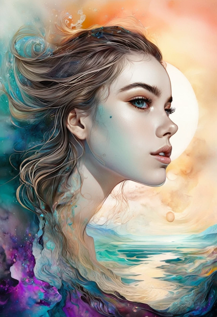 An intricately detailed digital painting featuring a girl. The composition exudes a serene and ethereal atmosphere, drawing the viewer into a surreal landscape with the woman's contemplative expression. The use of alcohol ink adds a semi-transparent dreamlike quality, enhancing the overall beauty and mystique of the artwork.