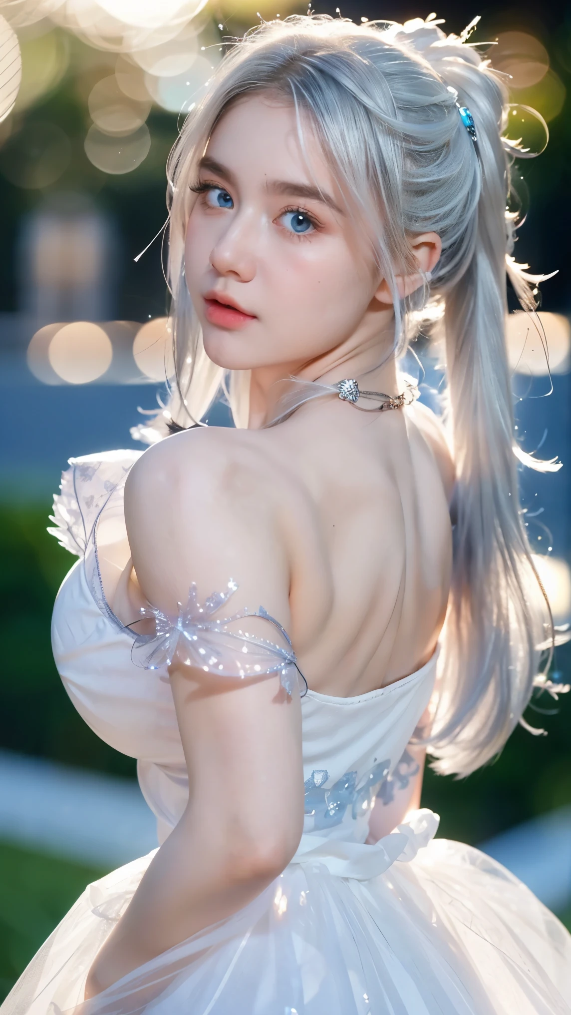 Georgeous, Beautiful, Cute, Baby Face, 18 Years Old, White Skin, Cleavage, ((Large Colossal Breast:1.3)), Sleeveless, Off Shoulder, Strapless, ((Transparent:1.3)), ((White Long Lolita Dress)), (Embroidery), Posing, ((Silver Hair)), ((Bright Blue Eye)), ((Muscles:1.3)), ((Bokeh:1.3)), Animal Farmer Background, Masterpiece, Twintails