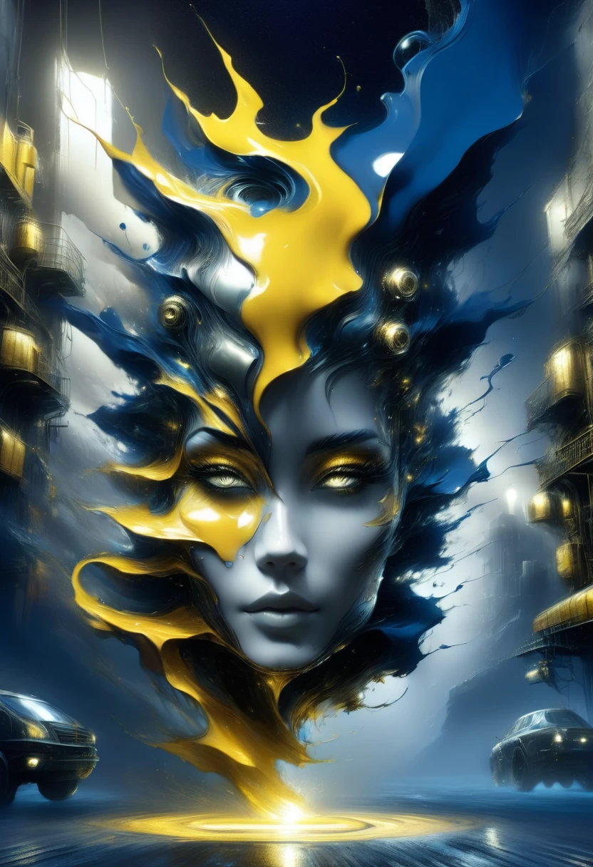 High relief with plaster oil painting Big face composed and made by dreamlike elements and metal machines, futuristic steampunk, artwork Jeremy Mann, at night, deep grey and black blue and golden yellow, 4D, 8K, photorealistic, dreamlike, big and complex composition storytelling, masterpiece, Impressionism