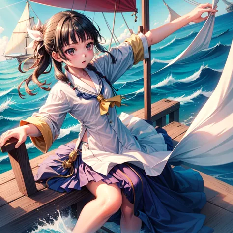 one girl（８year）, pirate, highest quality、cinema lighting、sailor suit、long skirt、 on the mast of a galleon、white panties,