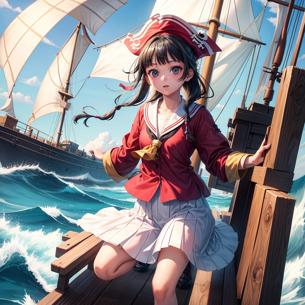 One Girl（８Year）, pirate, Highest quality、Cinema Lighting、Sailor suit、Long skirt、 On the mast of a galleon、White panties,