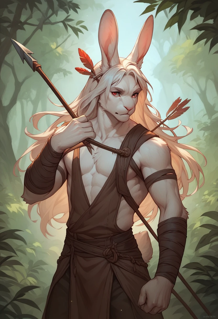 Male bunny, mythology artwork, lean body, white fur, long hair, whole body, pose, red eyes, clothes of a forest archer, bow in hands, quiver of arrows