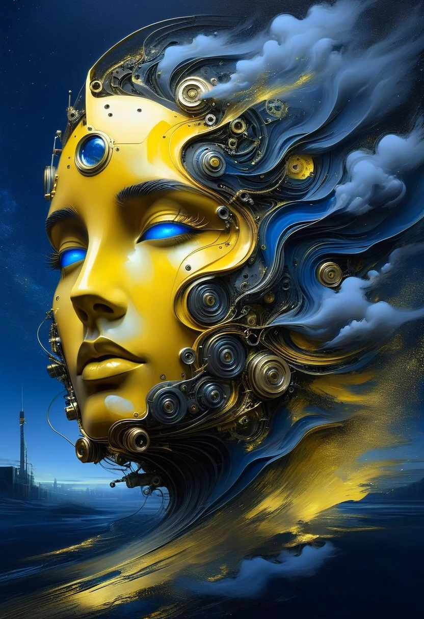 High relief with plaster oil painting Big face composed and made by dreamlike elements and metal machines, futuristic steampunk, artwork Jeremy Mann, at night, deep grey and black blue and golden yellow, 4D, 8K, photorealistic, dreamlike, big and complex composition storytelling, masterpiece, Impressionism